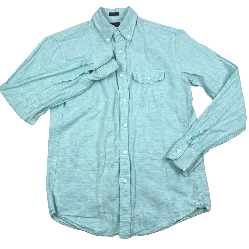 J.Crew Slim Button Down Shirt Mens S Baird McNut Linen Mint Green Stripe Coastal